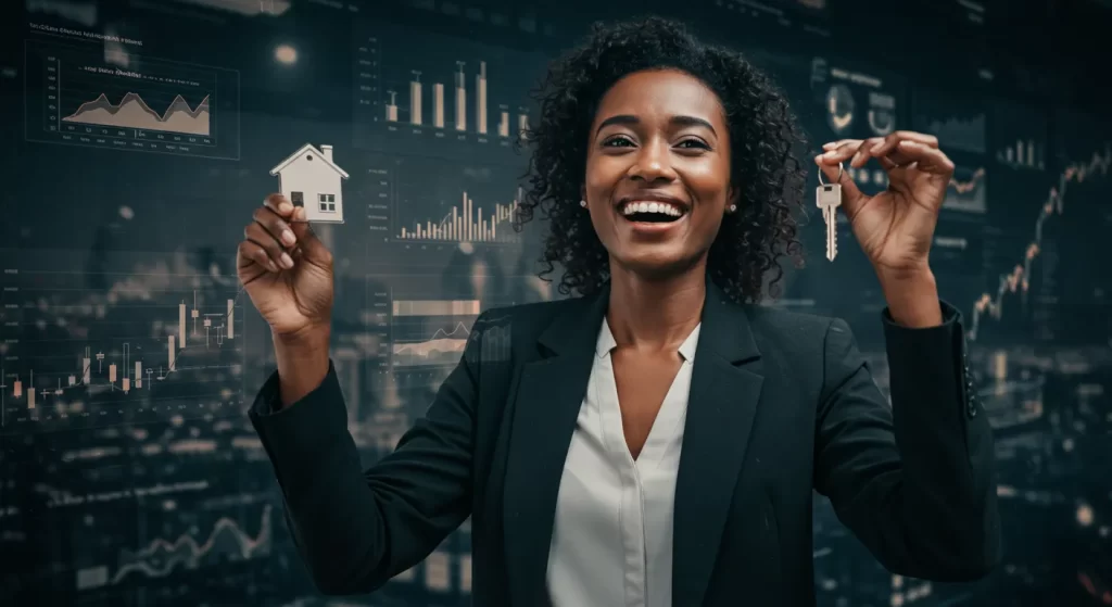 Corretora de imóveis sorrindo, segurando uma chave e uma miniatura de casa, com gráficos de mercado imobiliário ao fundo.

