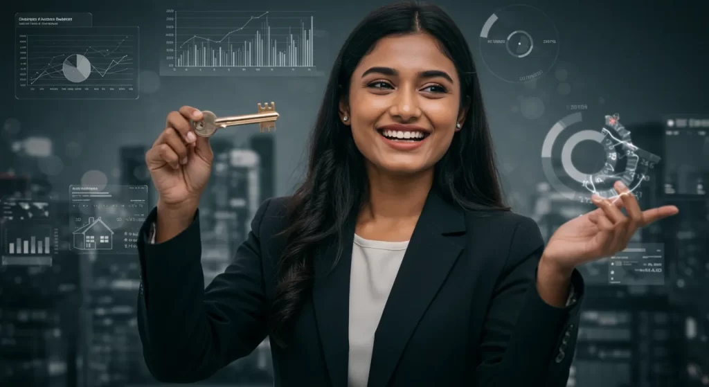 Profissional do setor imobiliário sorrindo com chave na mão, cercada por gráficos de vendas e desempenho de mercado.