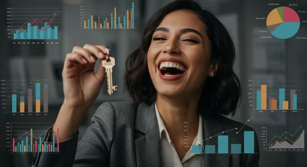 Mulher jovem segurando uma chave dourada com gráficos de desempenho imobiliário no fundo, representando sucesso no mercado.